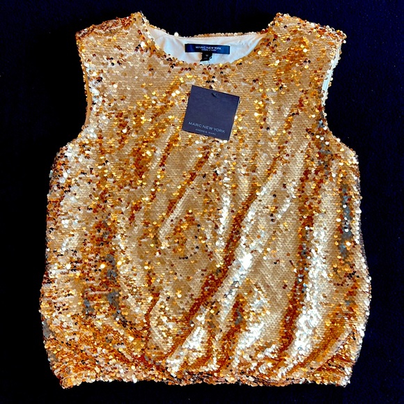 Andrew Marc New York Gold Sequin Sleeveless Blouse Shirt Medium NEW - Picture 2 of 7